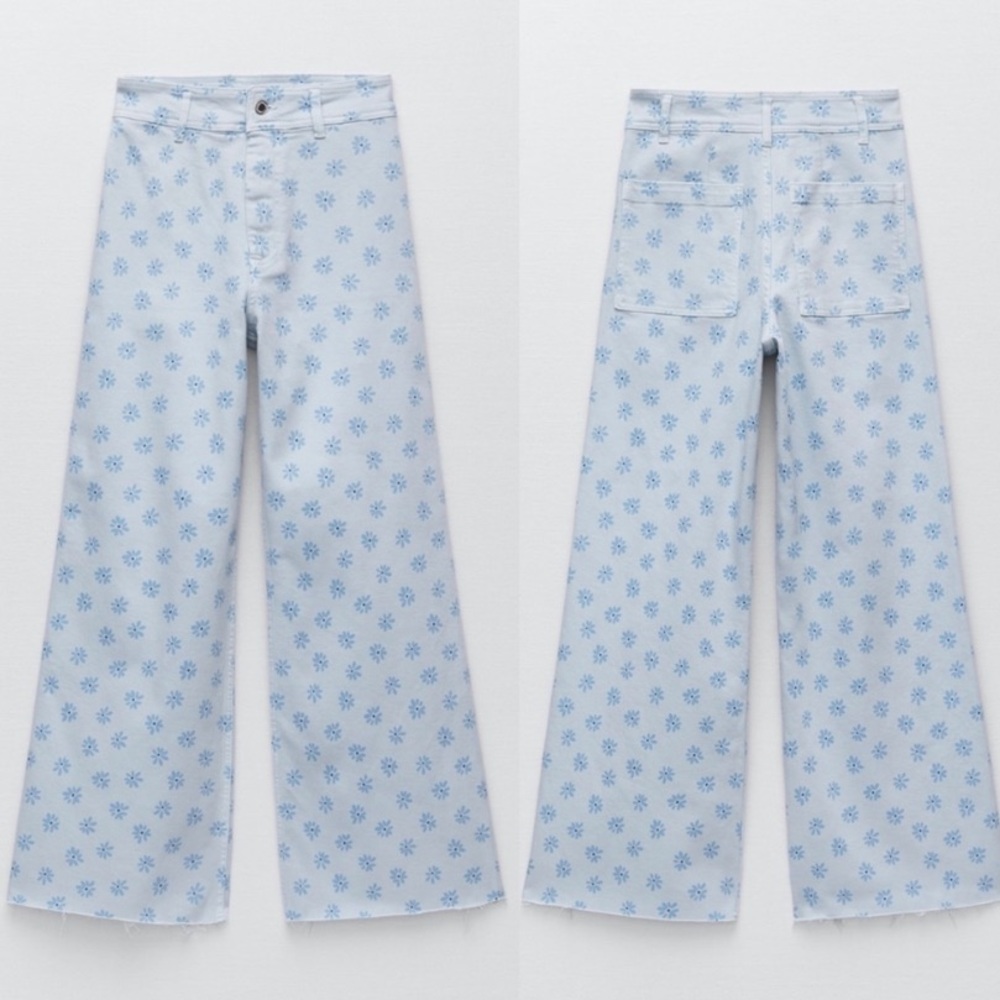 Zara Blue Floral Wide Leg Jeans